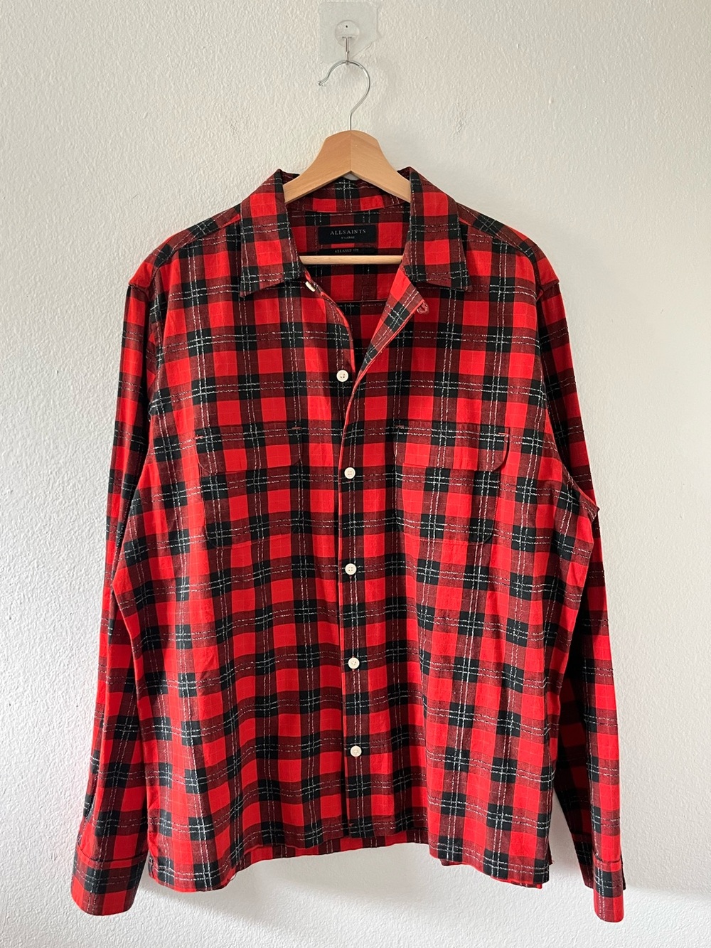 AllSaints Duane LS Relaxed Fit Long Sleeve Plaid Camp Shirt Red Sz‎ XL Button-Up